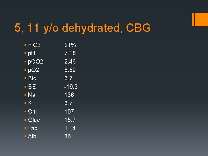 5, 11 y/o dehydrated, CBG § Fi. O 2 § p. H § p.