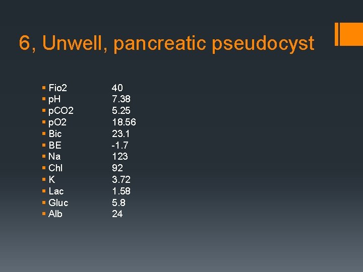 6, Unwell, pancreatic pseudocyst § Fio 2 § p. H § p. CO 2