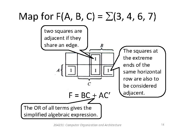 Map for F(A, B, C) = (3, 4, 6, 7) two squares are adjacent Map for F(A, B, C) = (3, 4, 6, 7) two squares are adjacent
