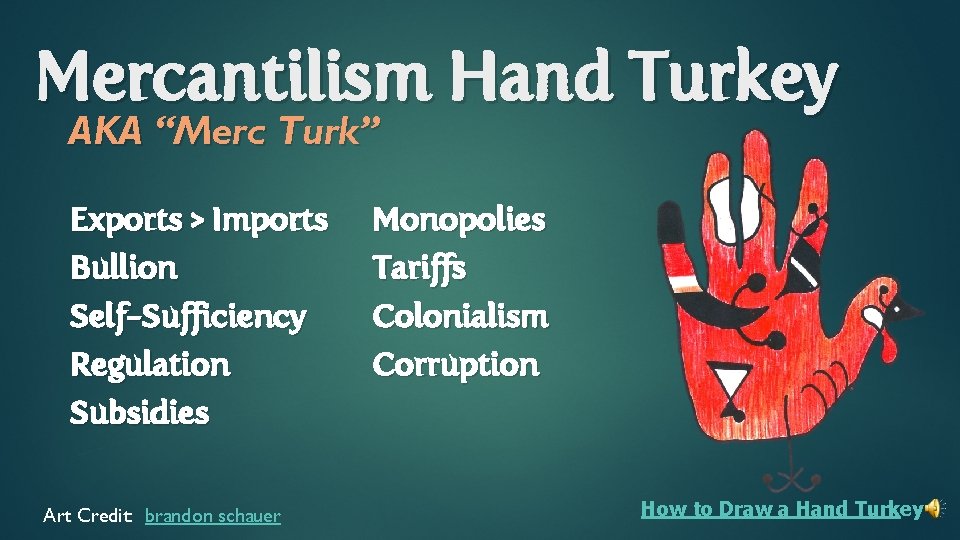 Mercantilism Hand Turkey AKA “Merc Turk” Exports > Imports Bullion Monopolies Tariffs Self-Sufficiency Regulation