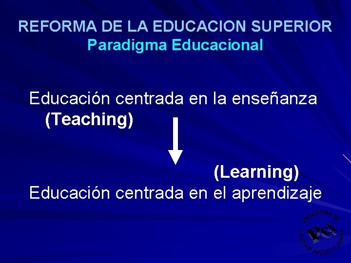 REFORMA DE LA EDUCACION SUPERIOR Paradigma Educacional Educación centrada en la enseñanza (Teaching) (Learning)
