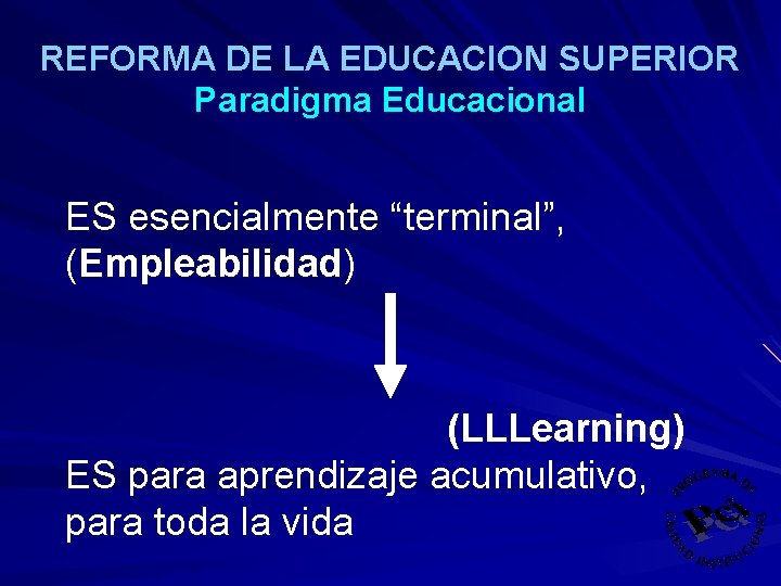 REFORMA DE LA EDUCACION SUPERIOR Paradigma Educacional ES esencialmente “terminal”, (Empleabilidad) (LLLearning) ES para