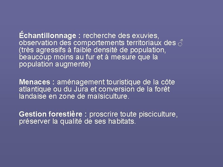 Échantillonnage : recherche des exuvies, observation des comportements territoriaux des ♂ (très agressifs à