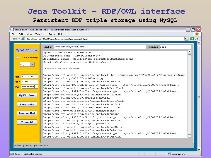 Jena Toolkit – RDF/OWL interface Persistent RDF triple storage using My. SQL 