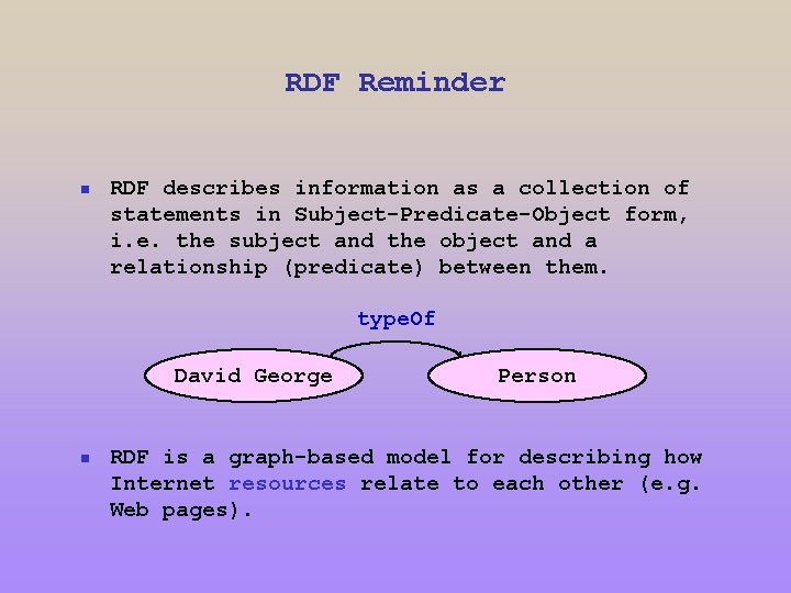 RDF Reminder n RDF describes information as a collection of statements in Subject-Predicate-Object form,