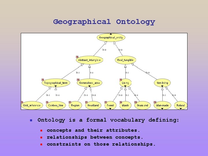 Geographical Ontology n Ontology is a formal vocabulary defining: n n n concepts and