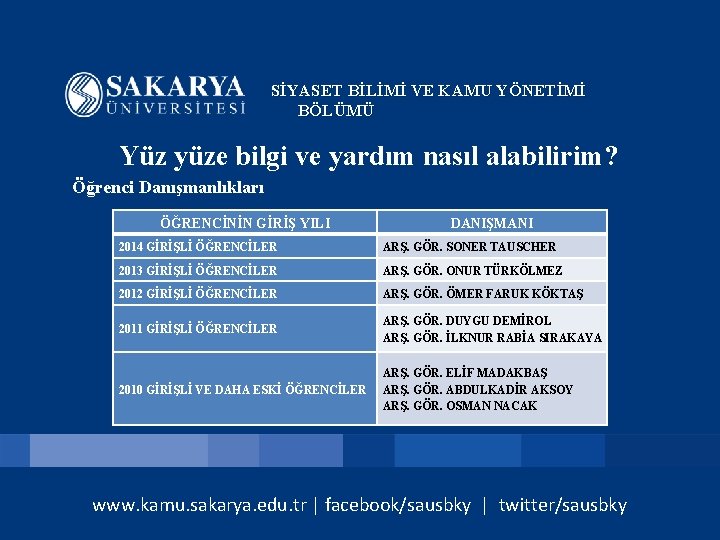 SİYASET BİLİMİ VE KAMU YÖNETİMİ BÖLÜMÜ Yüz yüze bilgi ve yardım nasıl alabilirim? Öğrenci