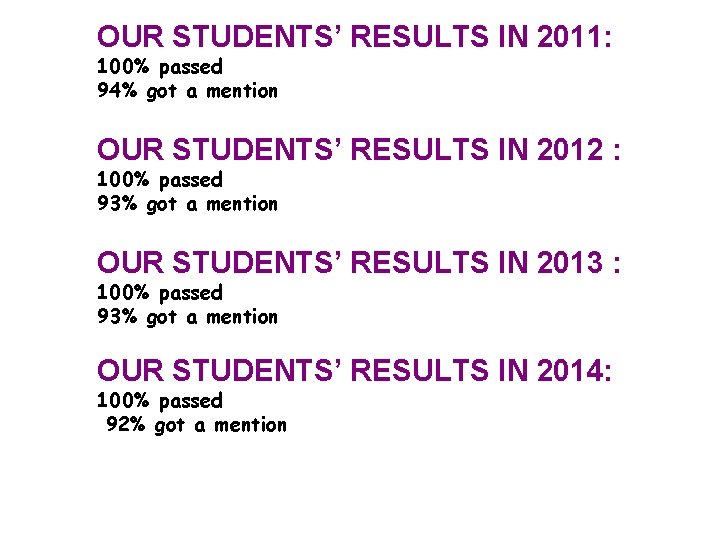 OUR STUDENTS’ RESULTS IN 2011: 100% passed 94% got a mention OUR STUDENTS’ RESULTS