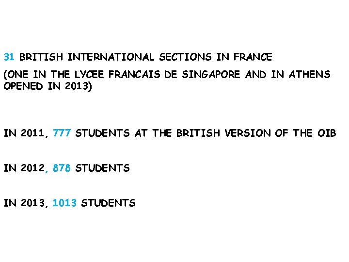 31 BRITISH INTERNATIONAL SECTIONS IN FRANCE (ONE IN THE LYCEE FRANCAIS DE SINGAPORE AND