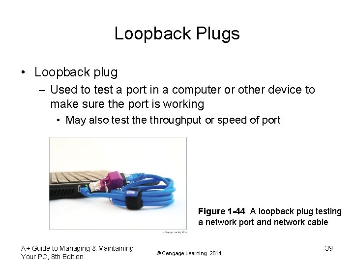Loopback Plugs • Loopback plug – Used to test a port in a computer