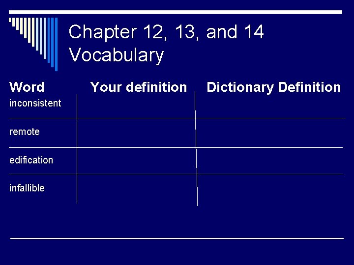 Chapter 12, 13, and 14 Vocabulary Word inconsistent remote edification infallible Your definition Dictionary