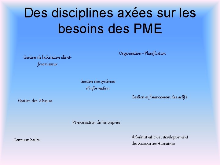 Des disciplines axées sur les besoins des PME Organisation - Planification Gestion de la