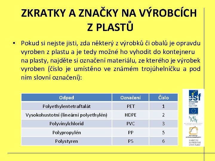 ZKRATKY A ZNAČKY NA VÝROBCÍCH Z PLASTŮ • Pokud si nejste jisti, zda některý