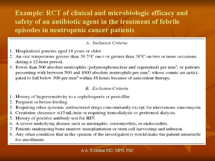 Example: RCT of clinical and microbiologic efficacy and safety of an antibiotic agent in