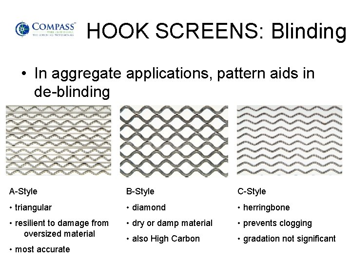HOOK SCREENS: Blinding • In aggregate applications, pattern aids in de-blinding A-Style B-Style C-Style