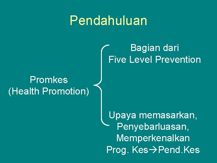 Pendahuluan Bagian dari Five Level Prevention Promkes (Health Promotion) Upaya memasarkan, Penyebarluasan, Memperkenalkan Prog.