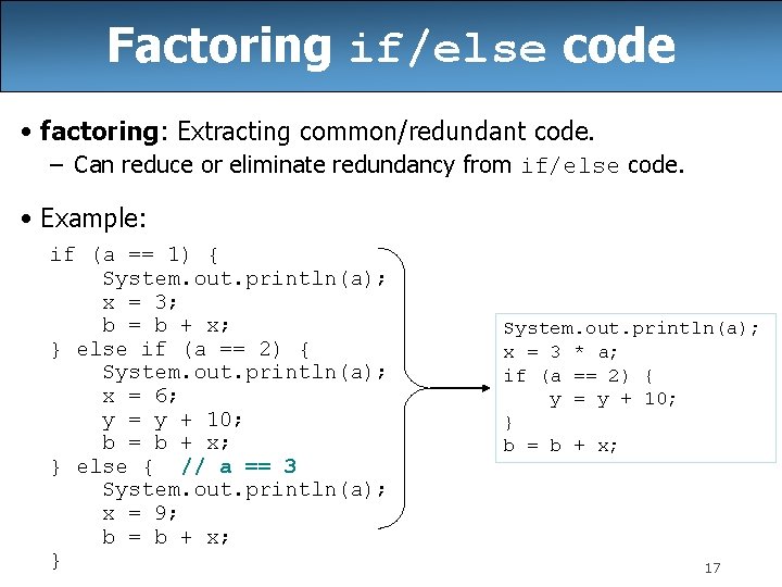 Factoring if/else code • factoring: Extracting common/redundant code. – Can reduce or eliminate redundancy