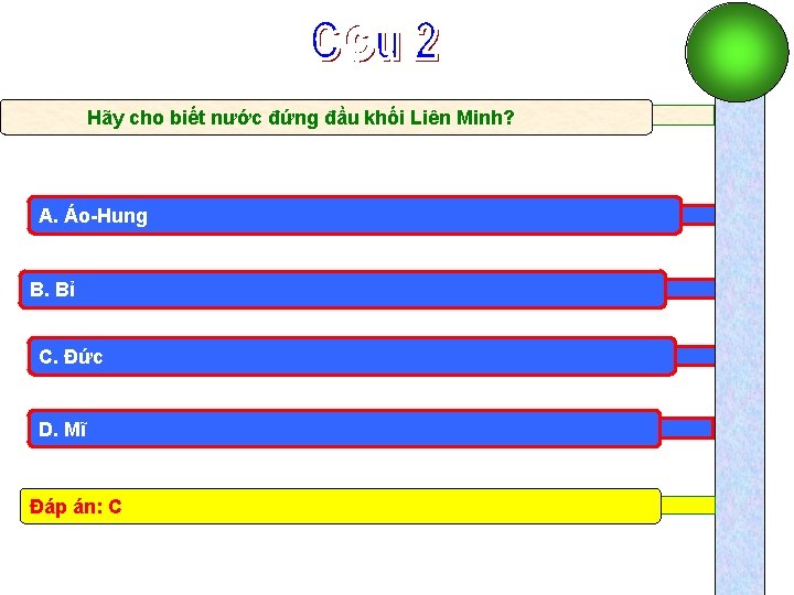 Hãy cho biết nước đứng đầu khối Liên Minh? A. Áo-Hung B. Bỉ C.