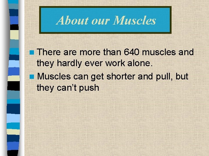About our Muscles n There are more than 640 muscles and they hardly ever