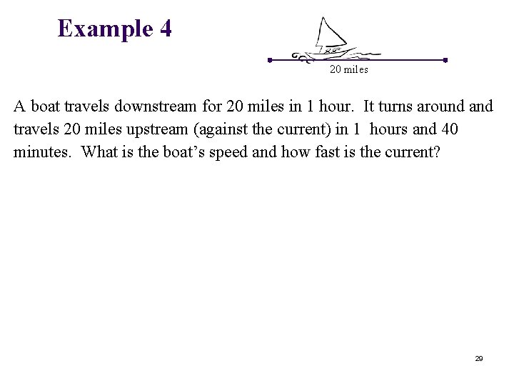 Example 4 20 miles A boat travels downstream for 20 miles in 1 hour.