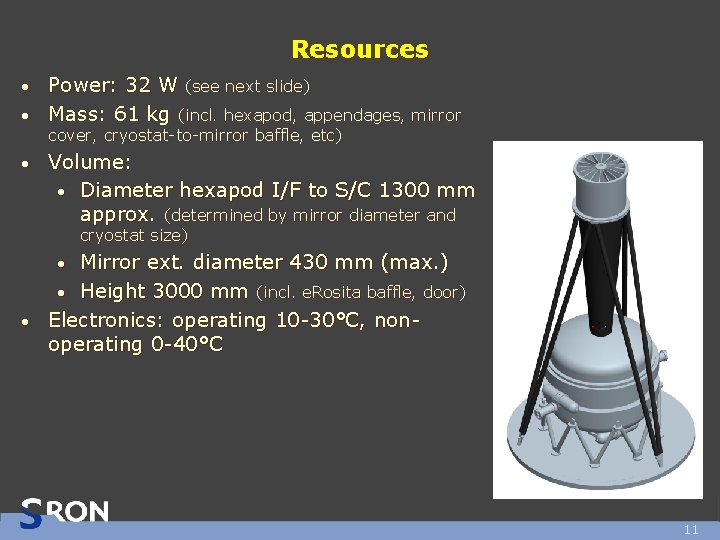 Resources Power: 32 W (see next slide) • Mass: 61 kg (incl. hexapod, appendages,