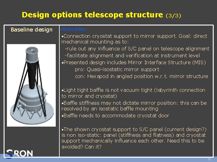 Design options telescope structure Baseline design (3/3) Remarks: • Connection cryostat support to mirror