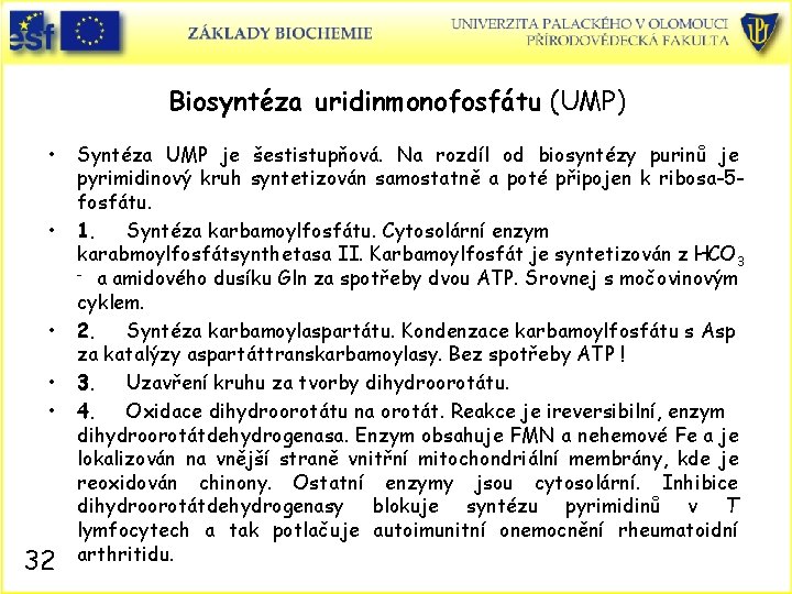 Biosyntéza uridinmonofosfátu (UMP) • • • 32 Syntéza UMP je šestistupňová. Na rozdíl od