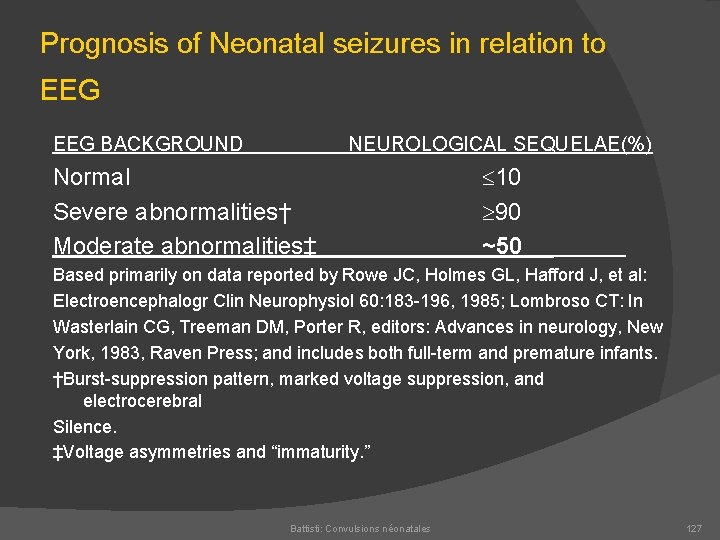 Prognosis of Neonatal seizures in relation to EEG BACKGROUND NEUROLOGICAL SEQUELAE(%) Normal Severe abnormalities†