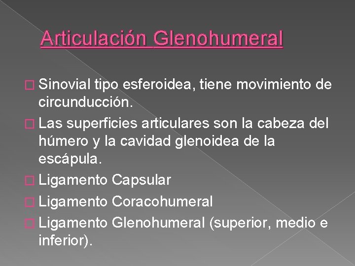 Articulación Glenohumeral � Sinovial tipo esferoidea, tiene movimiento de circunducción. � Las superficies articulares