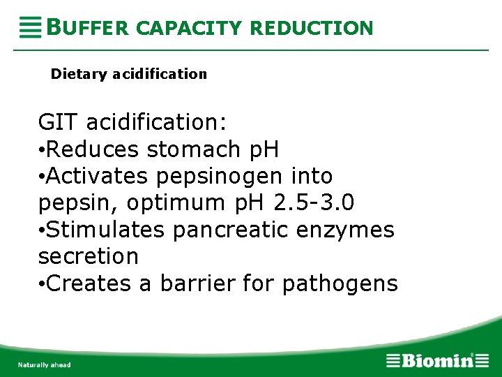 BUFFER CAPACITY REDUCTION Dietary acidification GIT acidification: • Reduces stomach p. H • Activates