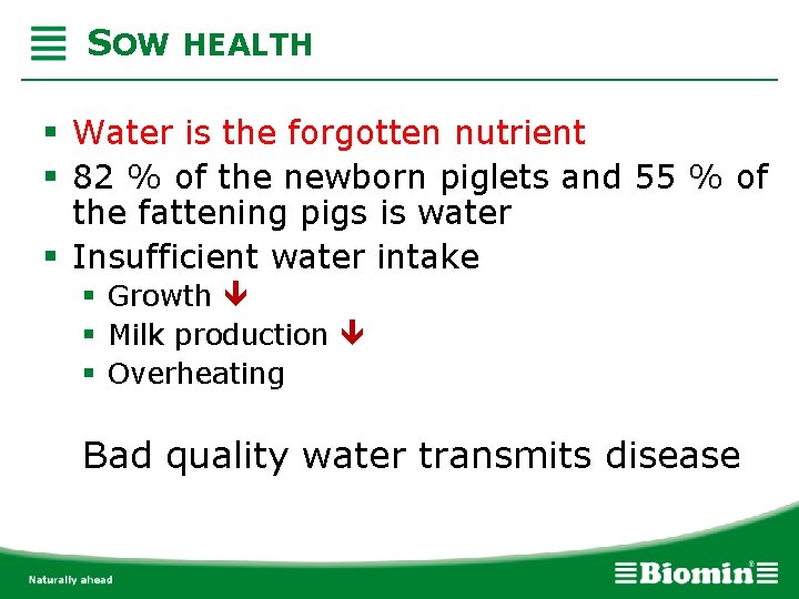 SOW HEALTH § Water is the forgotten nutrient § 82 % of the newborn