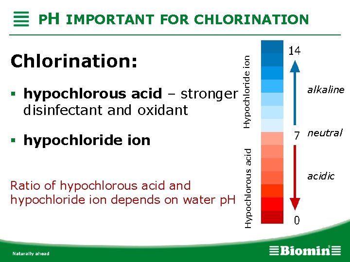 Chlorination: § hypochlorous acid – stronger disinfectant and oxidant Hypochloride ion PH IMPORTANT FOR