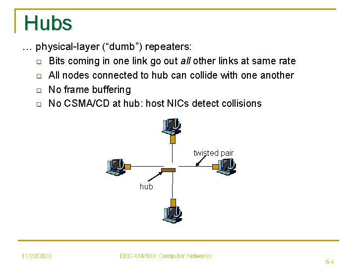 Hubs … physical-layer (“dumb”) repeaters: q Bits coming in one link go out all