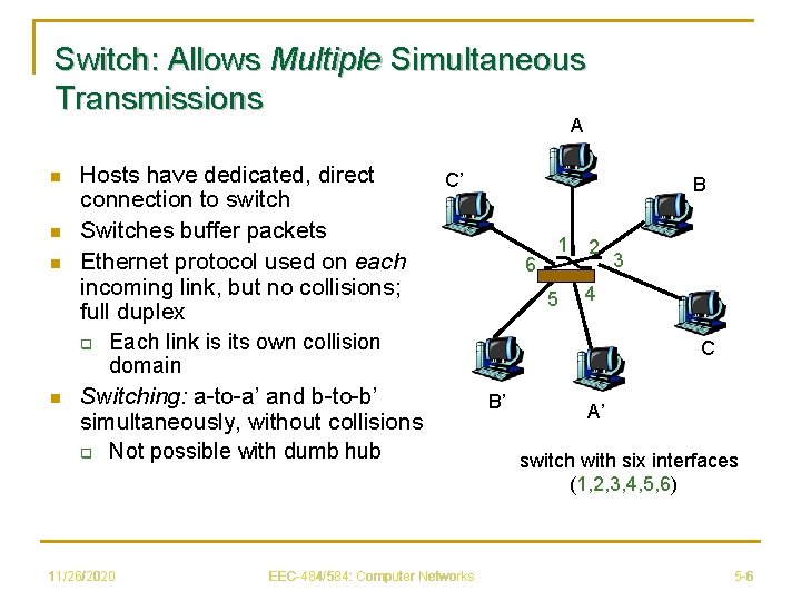 Switch: Allows Multiple Simultaneous Transmissions A n n Hosts have dedicated, direct C’ connection