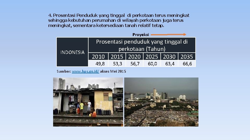 4. Prosentasi Penduduk yang tinggal di perkotaan terus meningkat sehingga kebutuhan perumahan di wilayah