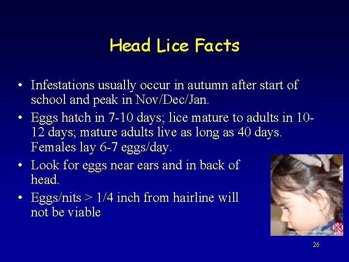 Head Lice Facts • Infestations usually occur in autumn after start of school and