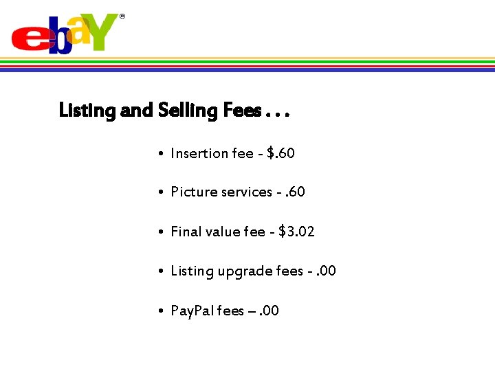 Listing and Selling Fees. . . • Insertion fee - $. 60 • Picture