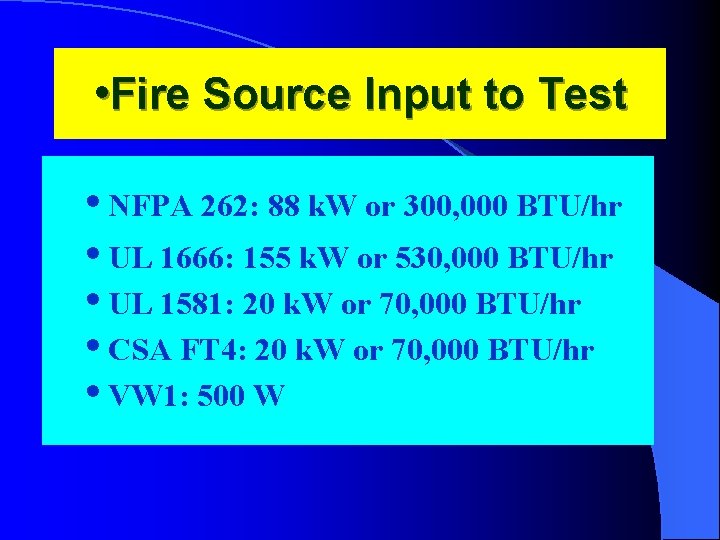  • Fire Source Input to Test • NFPA 262: 88 k. W or