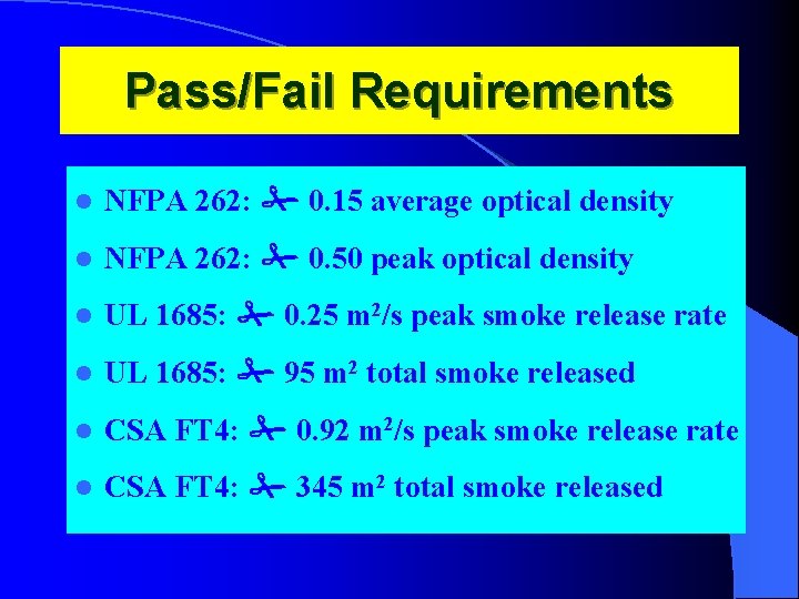 Pass/Fail Requirements l NFPA 262: # 0. 15 average optical density l NFPA 262: