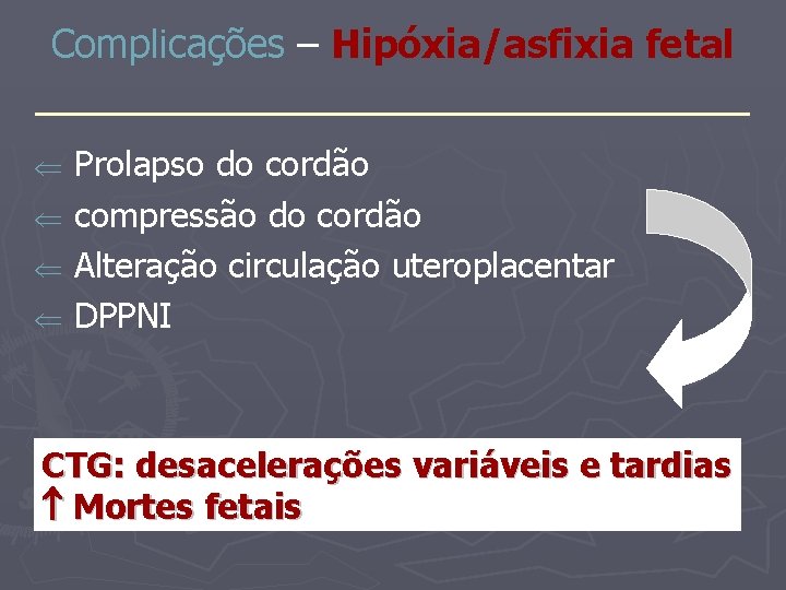 Complicações – Hipóxia/asfixia fetal _______________ Ü Ü Prolapso do cordão compressão do cordão Alteração