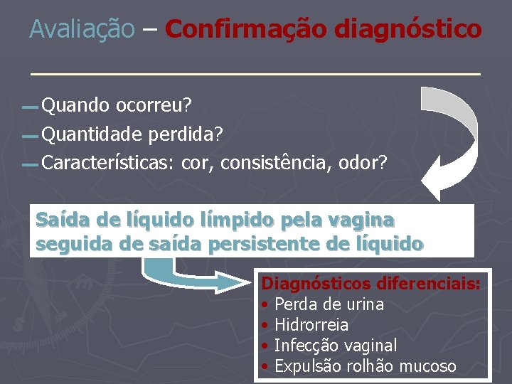 Avaliação – Confirmação diagnóstico _______________ ▬ Quando ocorreu? ▬ Quantidade perdida? ▬ Características: cor,