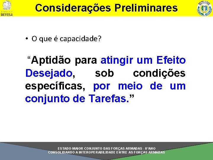 Considerações Preliminares • O que é capacidade? “Aptidão para atingir um Efeito Desejado, sob