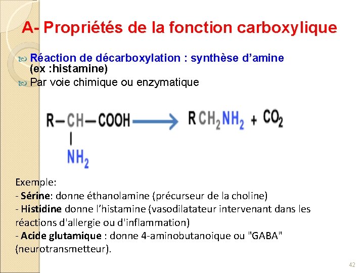 A- Propriétés de la fonction carboxylique Réaction de décarboxylation : synthèse d’amine (ex :