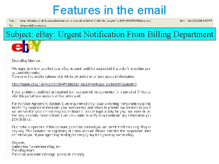 Features in the email Subject: e. Bay: Urgent Notification From Billing Department 14 