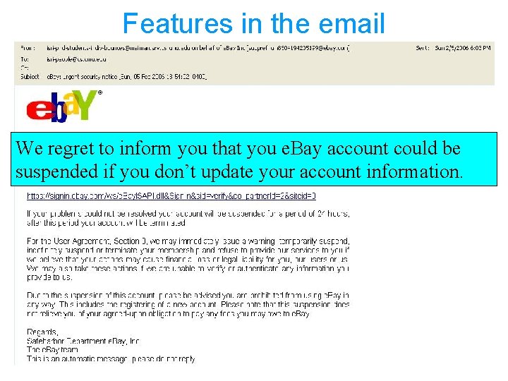 Features in the email We regret to inform you that you e. Bay account