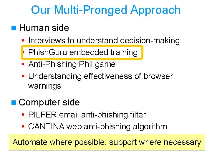 Our Multi-Pronged Approach n Human • • side Interviews to understand decision-making Phish. Guru