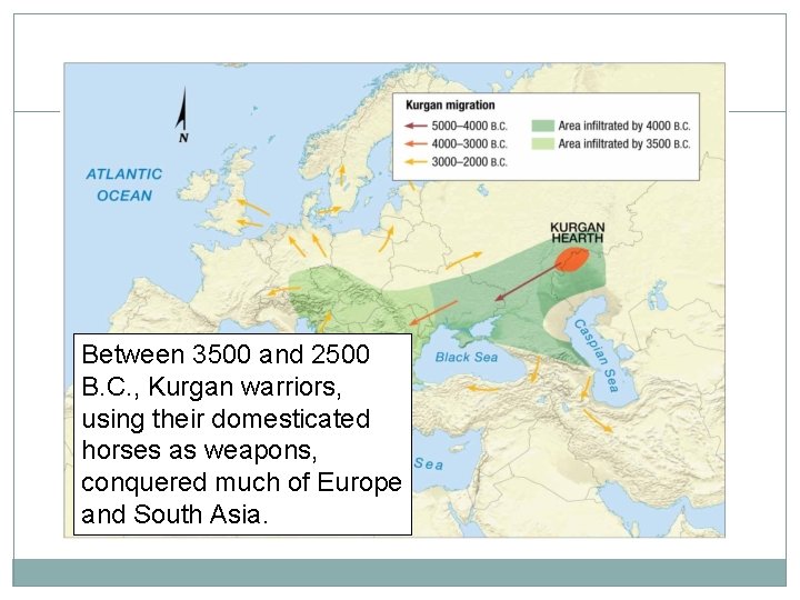 Between 3500 and 2500 B. C. , Kurgan warriors, using their domesticated horses as