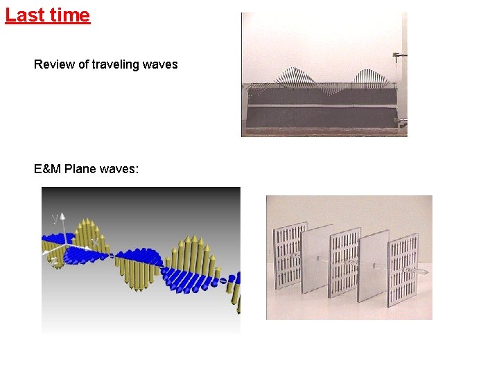 Last time Review of traveling waves E&M Plane waves: 