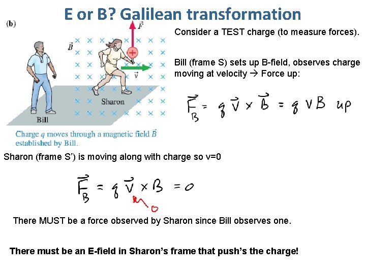 E or B? Galilean transformation Consider a TEST charge (to measure forces). Bill (frame