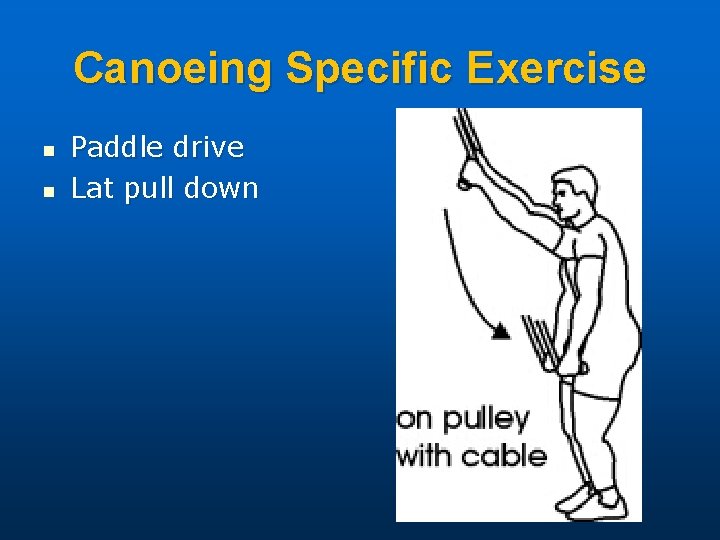 Canoeing Specific Exercise n n Paddle drive Lat pull down 
